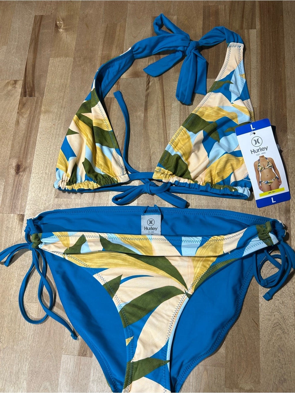 Hurley Teal and Tropical Print Halter Tie Bikini Set